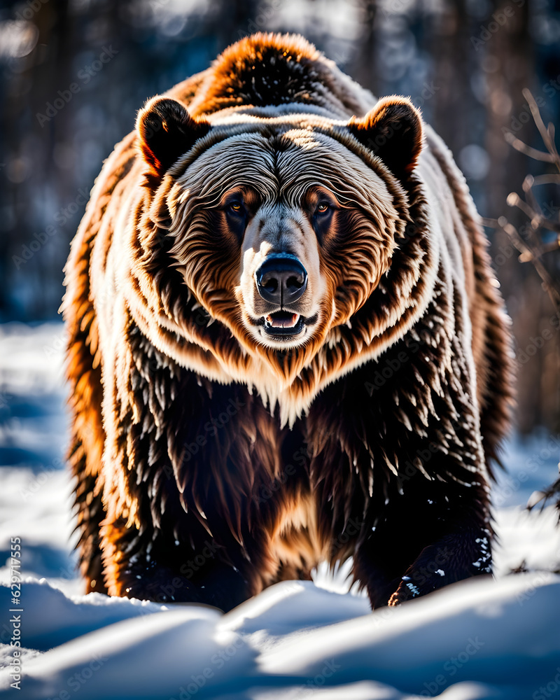a furious grizzly bear standing in deep snow - generative ai