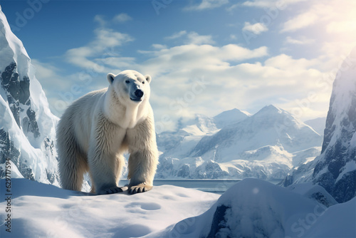 polar bear in the snow with mountains in the background ai generative