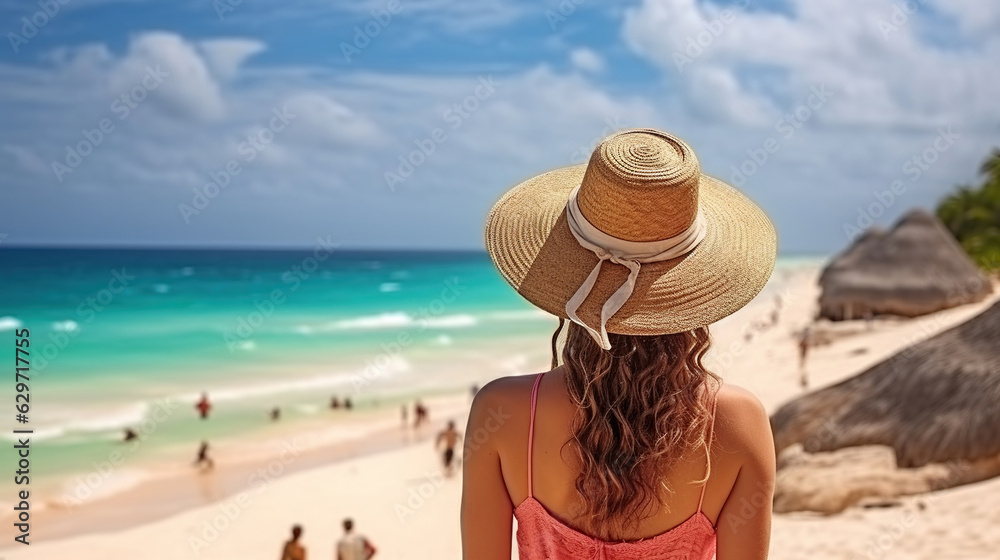 Rear View Woman in hat at beautiful beach by Caribbean sea, Generative AI