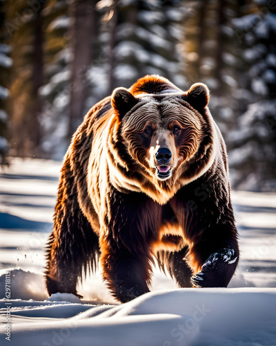 a furious grizzly bear standing in deep snow - generative ai