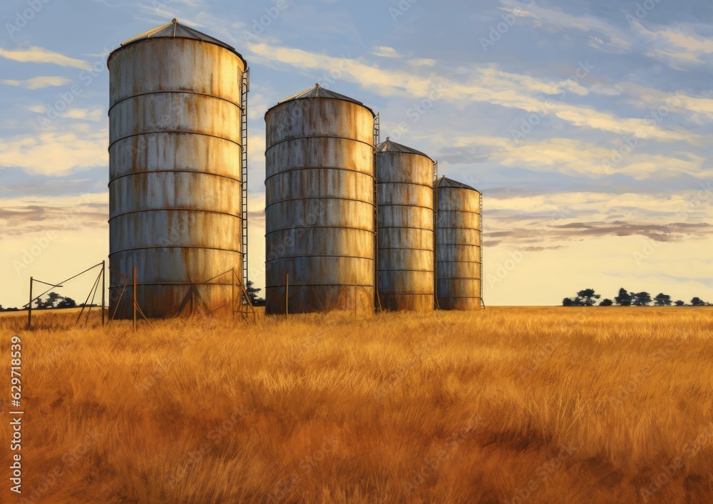 Agricultural grain silos in the field.