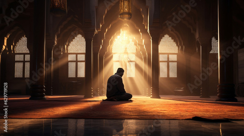 Devout Muslim man in prayer inside the serene mosque,