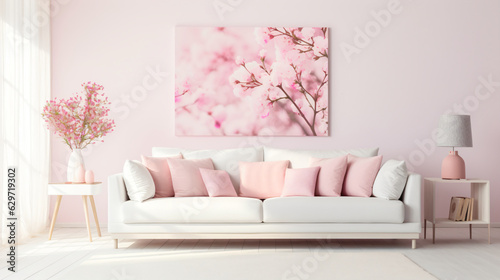 Pink sofa in modern living room with cherry flowers created with AI 