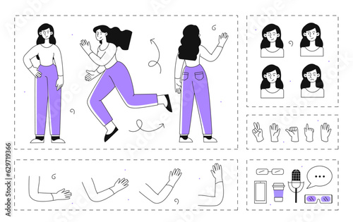 Female character elements vector line set