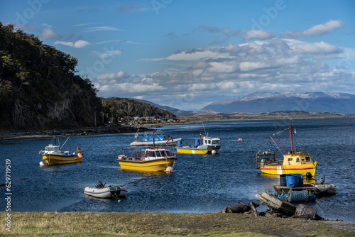 View of Puerto Almanza and its fishing boats, Tierra del Fuego, Patagonia, Argentina