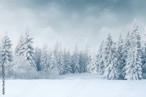 Winter background of snow and frost with pine trees, generated by AI © Julien