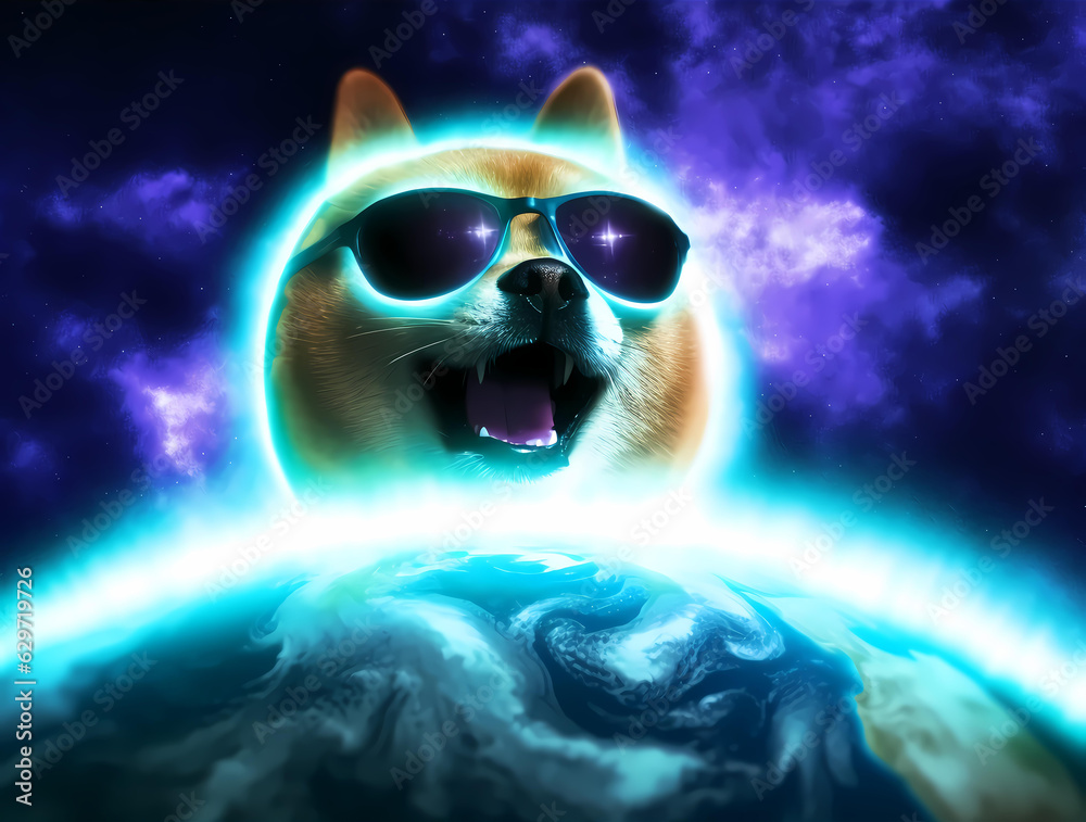 Space-Traveling Dog Head in Celestial Scene. Generative AI.