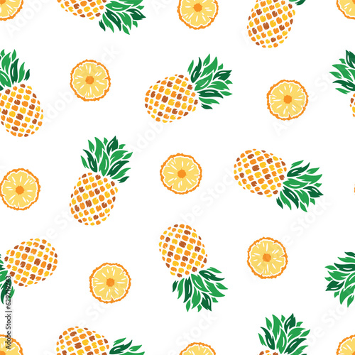 Pineapples Seamless Pattern. Floral Summer Background with Pineapple Tropical Fruit, Slices and Leaves. Vector 