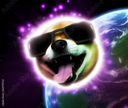 Cosmic Dog with Shades Playfully Surveys the Universe. Generative AI. © Watchdog