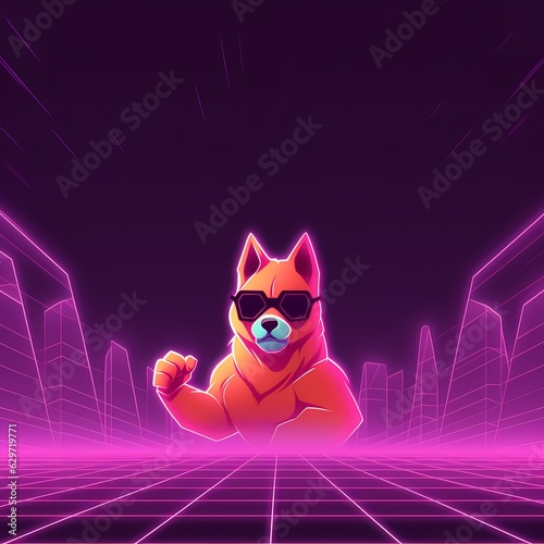 Giant Cartoon Dog with Dark Glasses Raises Fist on Neon-Lined Pathway in Pink-Purple Glow. Generative AI.