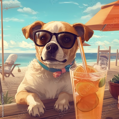 Cool Dog with Shades Enjoying a Refreshing Drink. Generative AI. © Watchdog