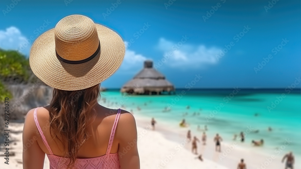 Woman in hat at beautiful beach by Caribbean sea, Generative AI