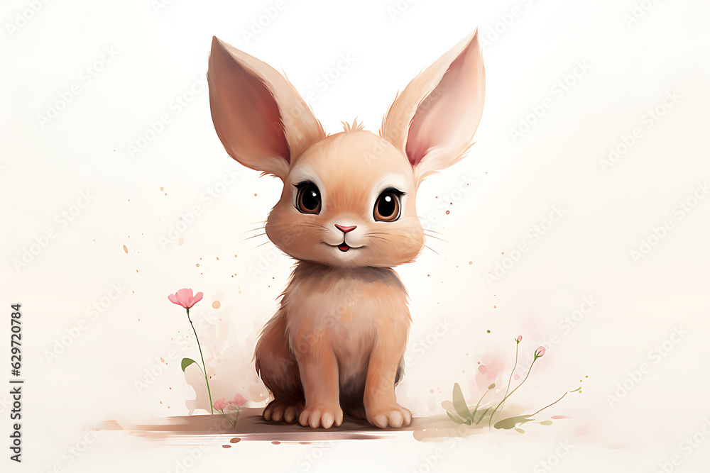 Adorable Rabbit - bunny, Floral Accents in a Minimalistic and Cute Style, flowers, outdoor, nature, adorable animal, background, kids design, childeren, child, playful, art. 
