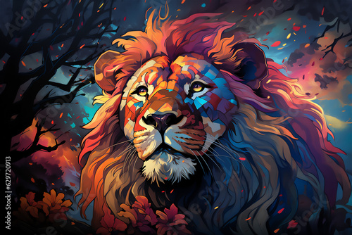 Lion, a lion's head, Abstract multicolor profile portrait of a woman's head, modern graffiti art © pixel78 Design