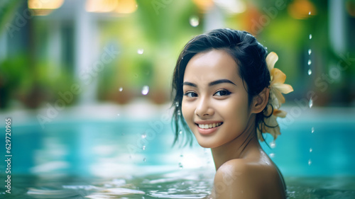 young adult woman with black hair color  in water in tropical swimming pool  smiling embarrassed or relaxed  water drops  cooling refreshment in water while swimming  wearing bikini