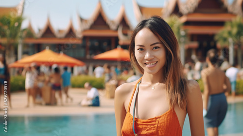 woman, thai indonesian multi ethnic or fictional asian, everyday life, stands in front of a large swimming pool of a villa with palm trees, many female tourist, social media portrait