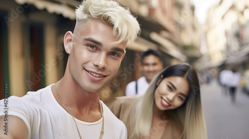 attractive young adult caucasian man or teenage boy with blond hairdo, cool and casual, smirking or smiling, white shirt and thin gold chain, side street of an old town, with a woman © wetzkaz