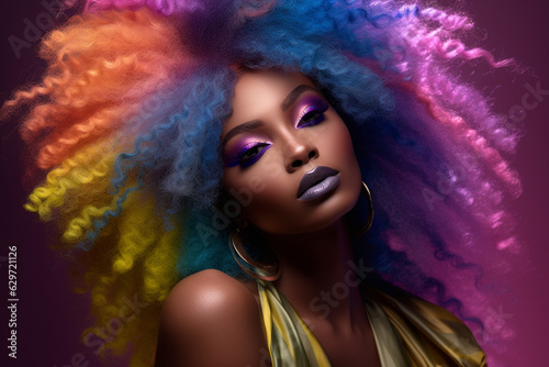 fashion model wearing an African afro wig and colorful hair. Her gaze is filled with confidence and passion, and she exudes a stylish and eccentric vibe
