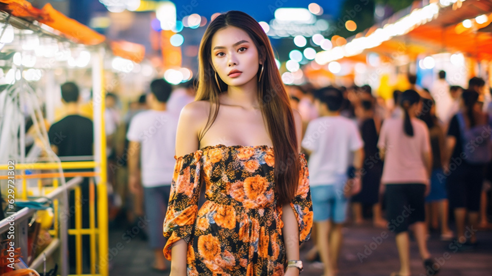 asian or thai or similar, woman, 20s 30s, attractive, wearing summer dress, slim female, long dark brown hair, brunette, proud and confident, in side street as pedestrian zone, fictional place