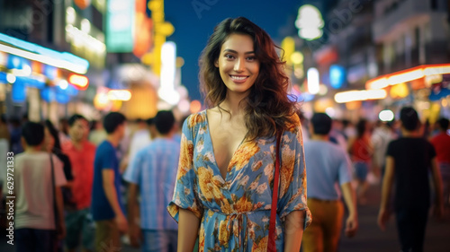woman, wearing summer dress, slim female, long dark brown hair, brunette, proud and confident, in side street as pedestrian zone with many tourists and locals, fictional place like asia