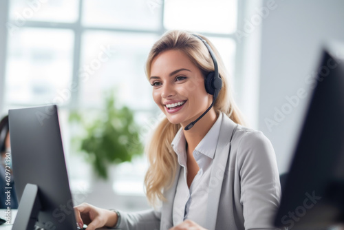 Fotografiet A portrait of a cheerful young woman working as a call center operator, wearing headphones and holding a microphone