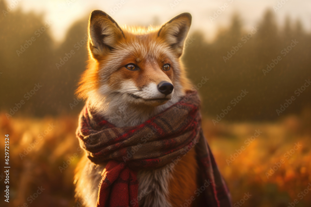 red fox in plaid scarf sitting in meadow at sunset. background is orange and warm, creating sense of coziness and comfort. beauty of nature, the arrival of autumn, and the diversity of flora and fauna