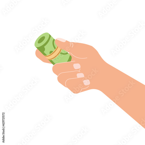 Businessman hand holds a dollar roll or bundle. Pay for something. Money investment, finance success. Stack or fan of banknotes. Vector illustration.