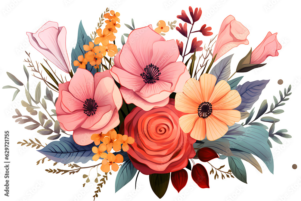 Really cute wild flower bouquet, with soft Colors, minimal, minimalistic, flat design.