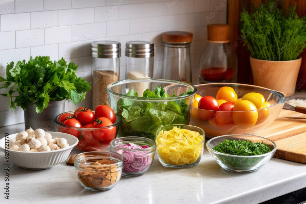 essence of well-stocked kitchen, showcasing array of glass jars filled with vibrant, preserved vegetables. rustic charm and culinary abundance essence of well-stocked kitchen, showcasing array of glass jars filled with vibrant, preserved vegetables. rustic charm and culinary abundance