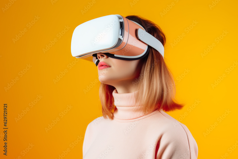 woman holding VR headset as she immerses herself in captivating abstract space. With VR headset, she gazes into virtual world woman holding VR headset as she immerses herself in captivating abstract space. With VR headset, she gazes into virtual world