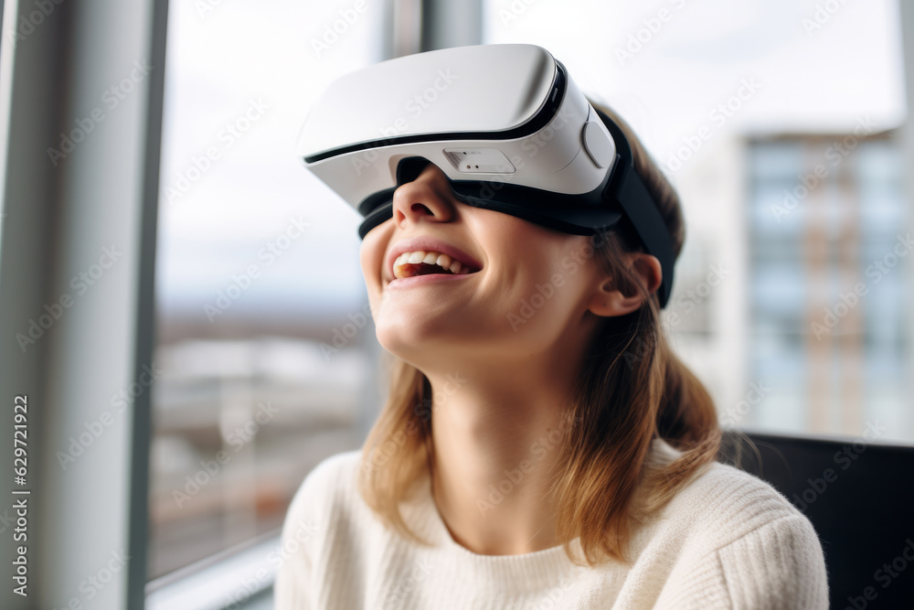 woman holding VR headset as she immerses herself in captivating abstract space. With VR headset, she gazes into virtual world