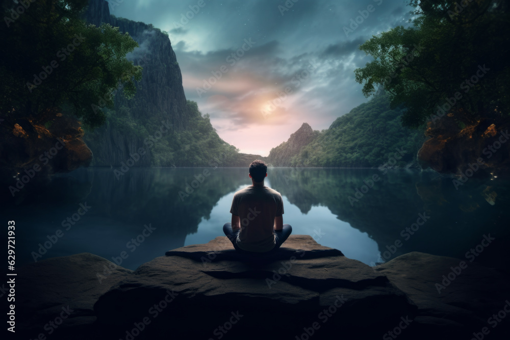 man sitting in a forest at sunrise, meditating. tranquility and harmony with nature.