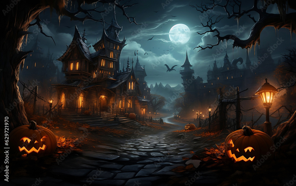 Halloween pumpkins and Castle spooky in night