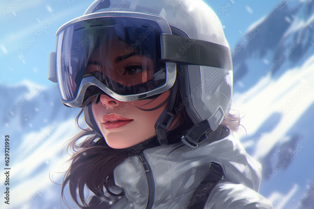 young beautiful female skier, skiing down mountain slopes at a winter resort in the Alps. She wears a protective helmet, mask and goggles for skiing, which reflect her face in dynamic movement.