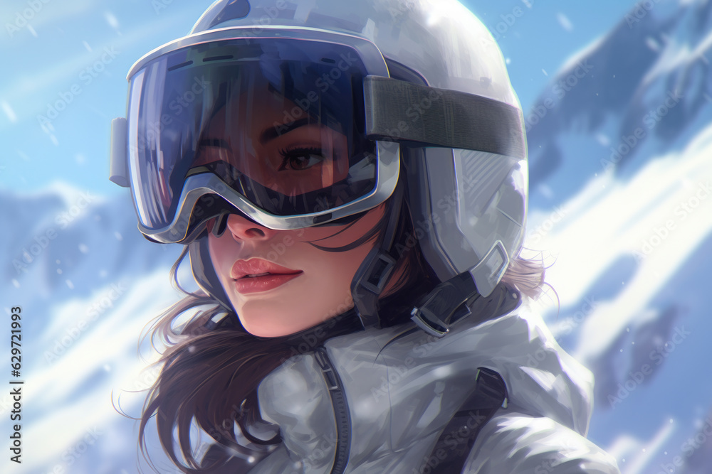 young beautiful female skier, skiing down mountain slopes at a winter resort in the Alps. She wears a protective helmet, mask and goggles for skiing, which reflect her face in dynamic movement. young beautiful female skier, skiing down mountain slopes at a winter resort in the Alps. She wears a protective helmet, mask and goggles for skiing, which reflect her face in dynamic movement.