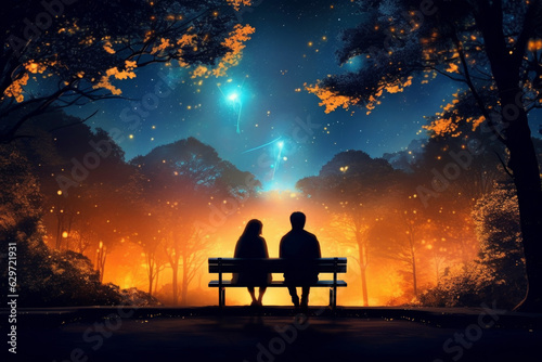 Couple seated on wooden bench among trees, scene is illuminated by sky full of stars.
