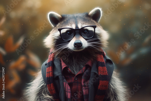 raccoon wearing a scarf and a vest. refinement and style. adorned with a vibrant scarf and a fashionable vest, attire gives it a contemporary and elegant look