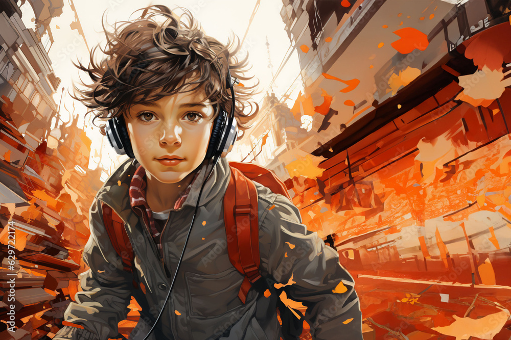 A teenage boy with orange backpack and headphones enjoys music in a dynamic environment and in motion. Copy space. A teenage boy with orange backpack and headphones enjoys music in a dynamic environment and in motion. Copy space.