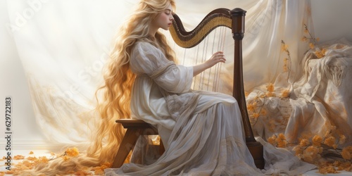 painting of a goddess is playing the harp, generative AI