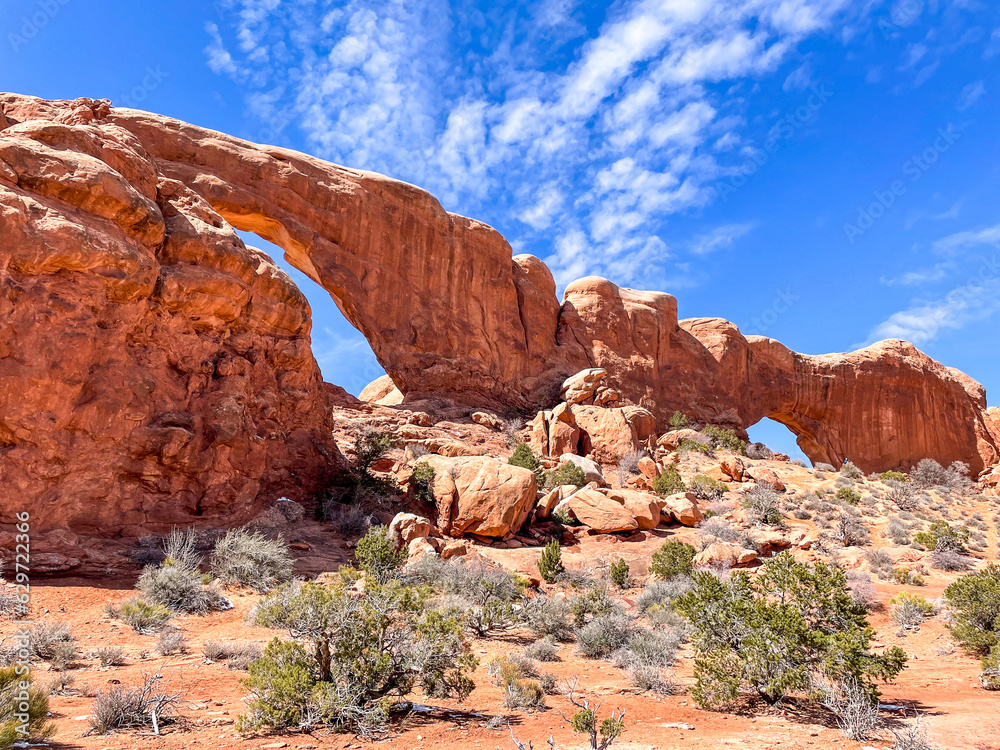 Moab, Utah, looking at the amazing rock formations created due to erosion from wind and water on the sandstone with Arches