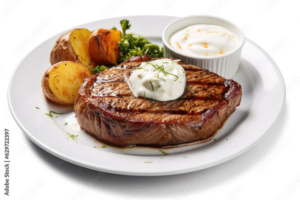 Deliciously cooked steak served on a white plate with a side of golden-brown potatoes and a fresh salad. A satisfying and mouthwatering meal. Deliciously cooked steak served on a white plate with a side of golden-brown potatoes and a fresh salad. A satisfying and mouthwatering meal.