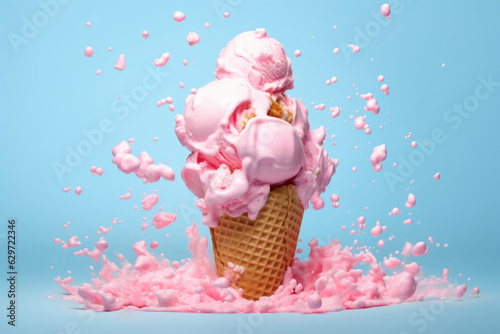 Delightful cone of pink ice cream with a splash of cream in a waffle cup on blue background.
