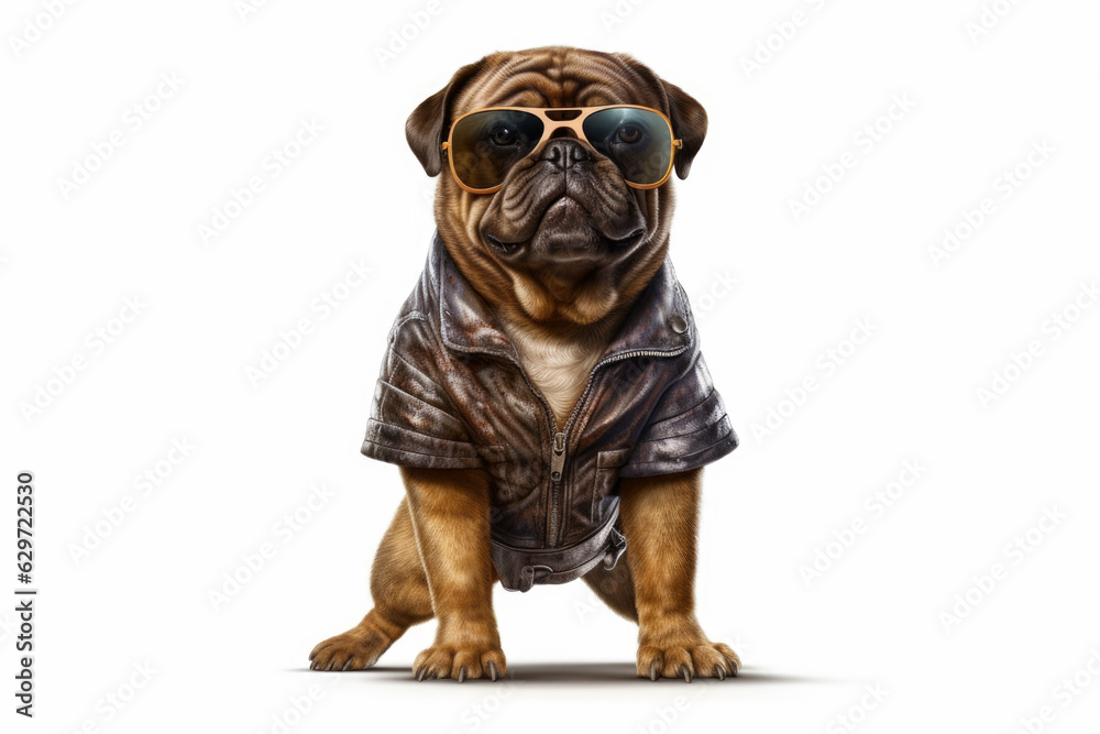 serious dog wearing sunglasses. He is looking directly at the camera, and his facial expression makes the viewer smile