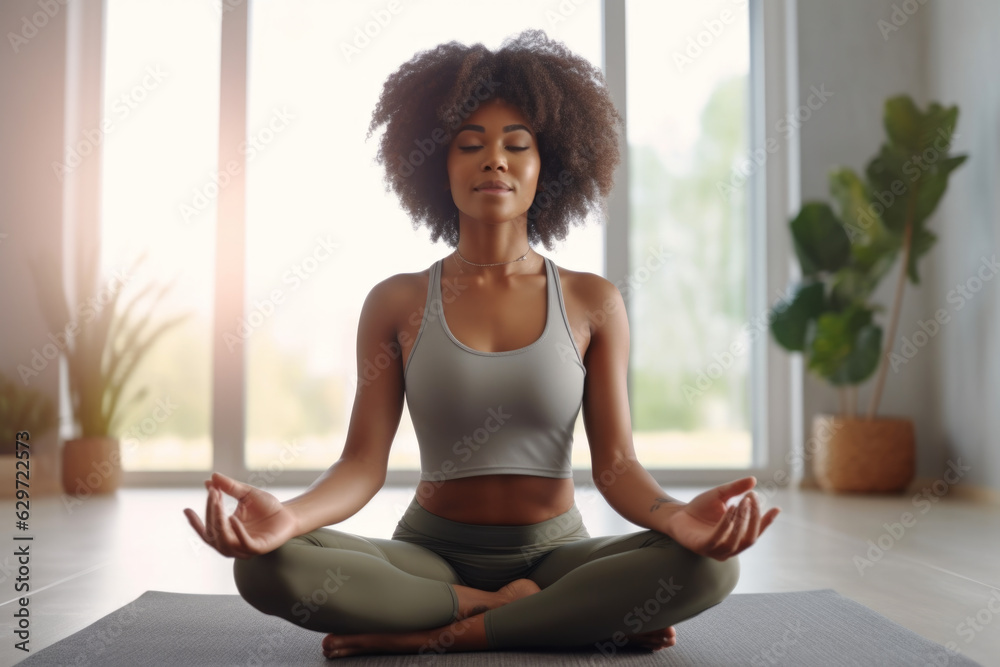 young African-American woman meditating at home in the living room with yoga gear around her. fitness and health, as well as expressing themes of inner peace and harmony young African-American woman meditating at home in the living room with yoga gear around her. fitness and health, as well as expressing themes of inner peace and harmony