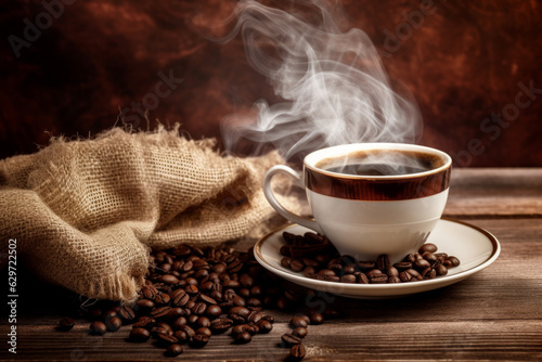 coffee cup and beans on a wooden table creates an atmosphere of comfort and coziness. The warm colors and table, as well as the texture on the tabletop, convey a pleasant