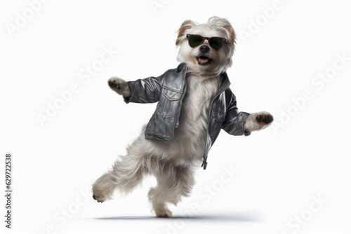 dog wearing a jacket and dancing in a hip-hop style. can be used to create humorous materials related to dance or music