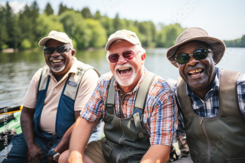 Three happy elderly diverse fishermen sitting in boat looking at camera.