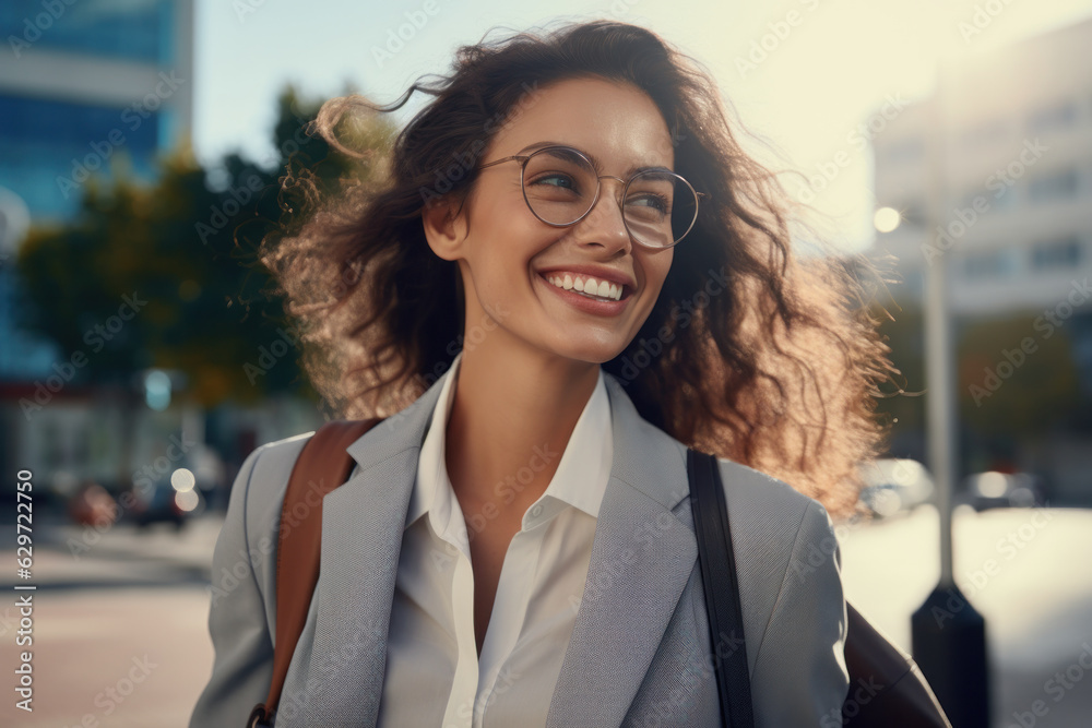 Fototapeta premium Successful woman on street, confident in blazer, carrying side bag, walking with a smile. Woman with sunglasses, walking and smiling..