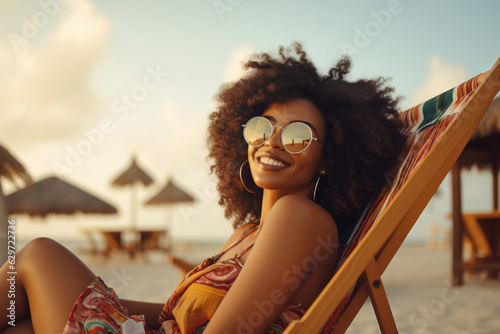 Valokuva Joyful black woman, in fashion sunglasses, rests on a tropical beach chair, wear