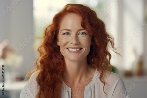 Grinning mature woman, with long red hair, enjoys teeth whitening treatment at home. Successful and beautiful middle-aged lady radiating joy.